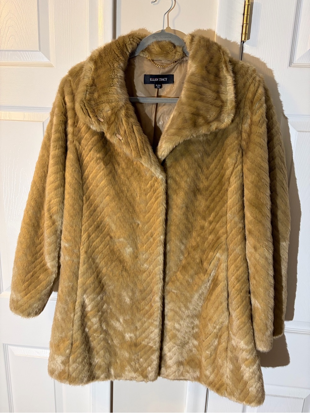 Ellen Tracy Chevron Faux Fur Coat in Camel